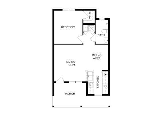 A floor plan of a house with a bedroom, bathroom, dining area, living room, kitchen and porch.