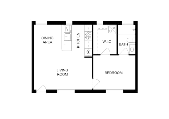 A floor plan of a small apartment with a living room, dining area, kitchen, bathroom and bedroom.