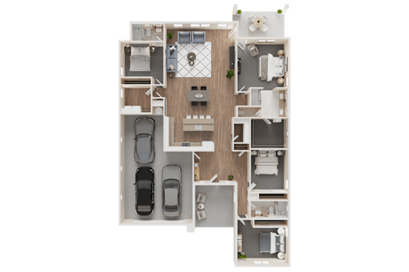 Floor Plan  A top-down view of a house layout with a living room, two bedrooms, a kitchen, and a garage at Westpark in Buckeye, Arizona
