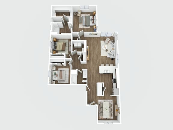 A floor plan of a house with a kitchen, living room, and two bedrooms.