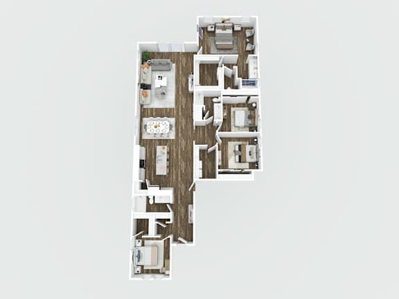 A floor plan of a house with a kitchen, living room, and two bedrooms.