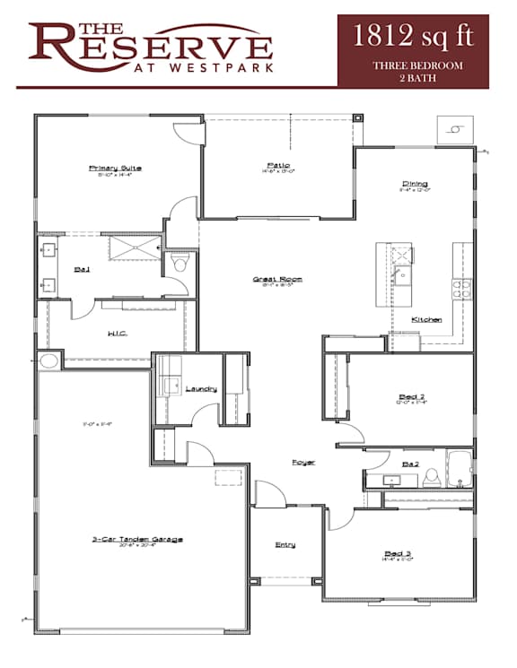 A floor plan for a 1812 sq ft three bedroom two bath property at The Reserve at Westpark.
