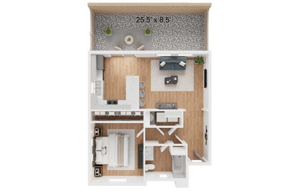 A 25.5 x 8.5 feet floor plan of a house with a kitchen, living room, and bathroom.