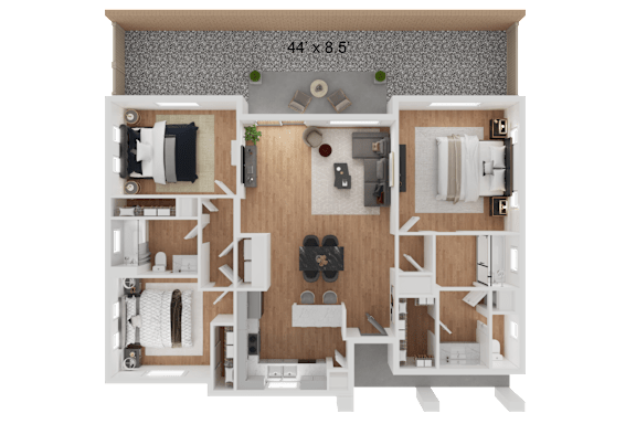 A 3D floor plan of a small apartment with a living room, kitchen, and bathroom.