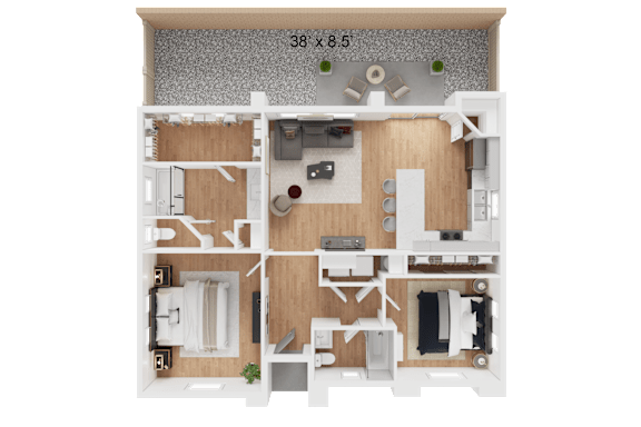 A 3D floor plan of a small apartment with a living room, kitchen, and bathroom.