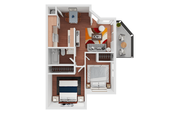 A floor plan of a two-bedroom apartment with a living room, kitchen, and bathroom.