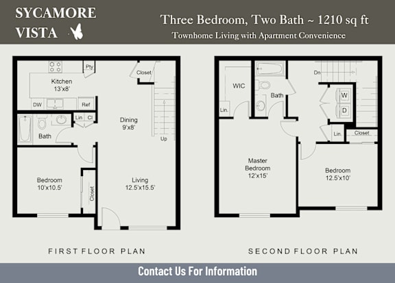 A floor plan for a three bedroom, two bathroom apartment.