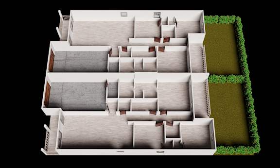 A 3D model of a building with a green square in the corner.