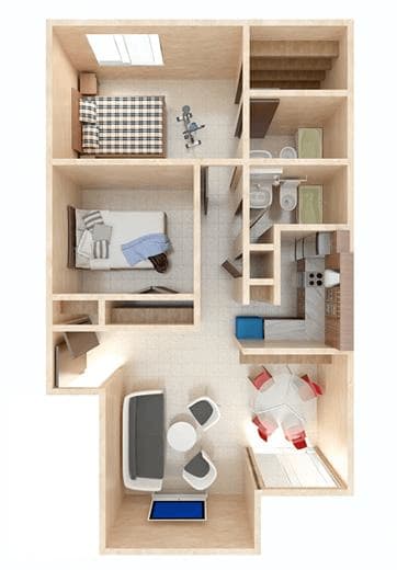 a bedroom with a bed and a desk in a room