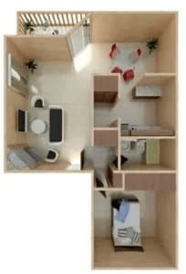 a bedroom with a bed and a chair in a room