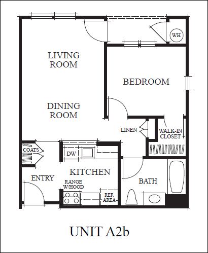 A2B Floorplan of 1 bedroom at Meadow Wood at Alamo Creek in Danville, CA 94506