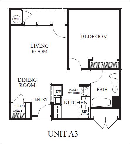 A3 Floorplan of 1 bedroom at Meadow Wood at Alamo Creek in Danville, CA 94506