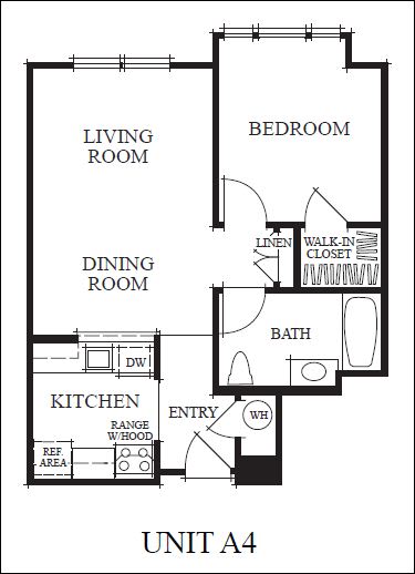 A4 Floorplan of 1 bedroom at Meadow Wood at Alamo Creek in Danville, CA 94506