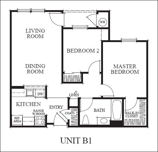 B1 Floorplan of 2 bedroom at Meadow Wood at Alamo Creek in Danville, CA 94506