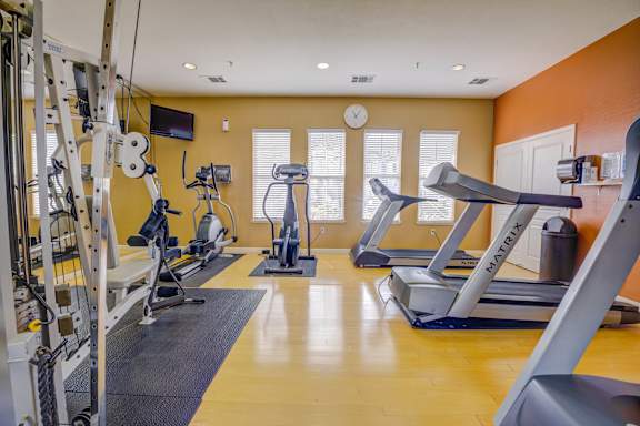 a gym with treadmills and other exercise equipment