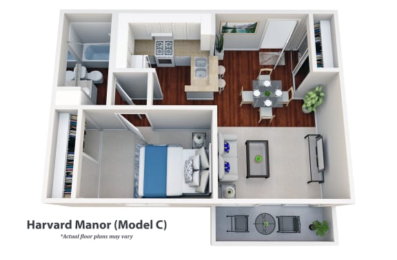 a stylized floor plan with a bedroom and living room