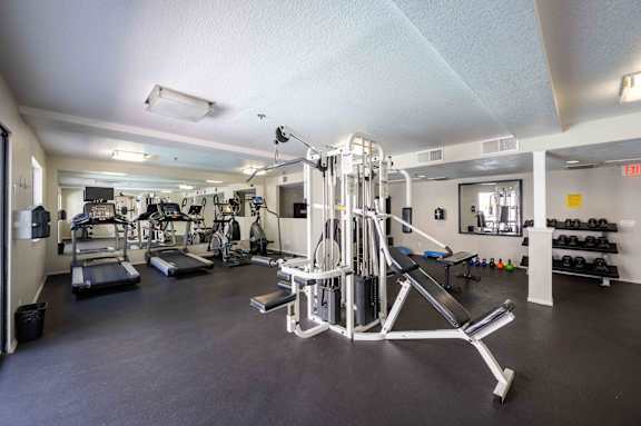 gym with weights and cardio equipment at the preserve at great pond apartments in windsor locks,