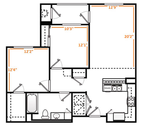 Floor Plan  a floor plan of a small house with a kitchen and a living room  at Ventana Senior Apartments, Northridge