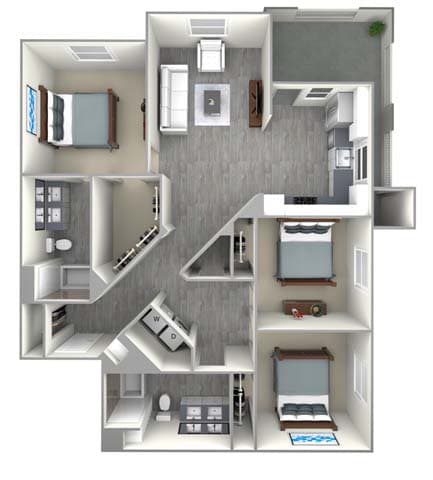 a bedroom with a bed and a chair in a small room at The Vineyards Apartments, Porter Ranch, CA