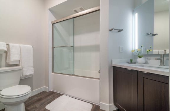 a bathroom with a toilet sink and shower  at Montecito Apartments at Carlsbad, California, 92010