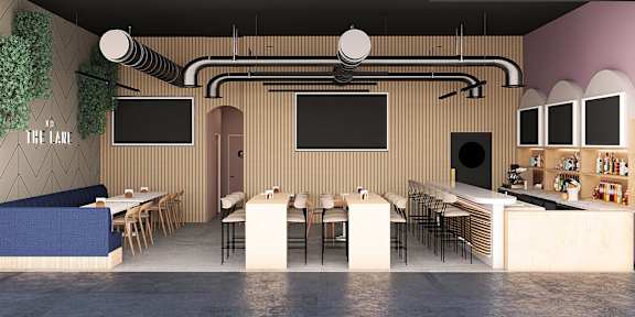 Gastropub restaurant with tables and chairs at The Lucky Apartments, Culver City, 90066