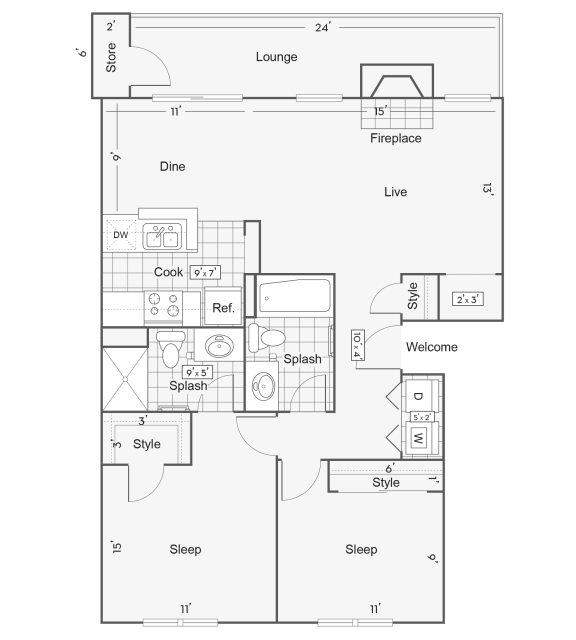 2 bedroom 2 bathroom floor plan at BelAire, Rancho Cucamonga, California