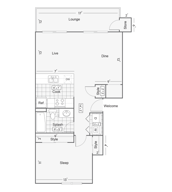 1 bedroom 1 bathroom floor plan at BelAire, Rancho Cucamonga