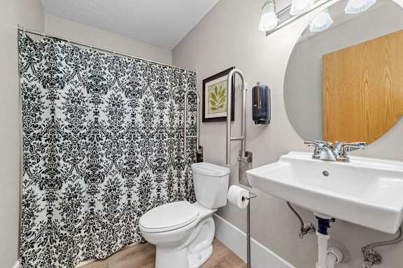 A bathroom with a toilet, sink, and shower curtain.