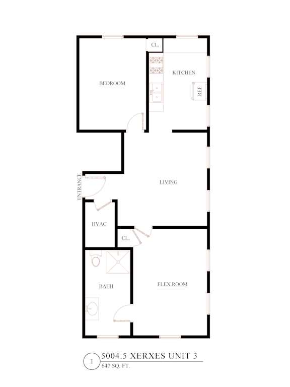A floor plan of a 5004.5 square feet apartment with a living room, kitchen, flex room, bath, and bedroom.
