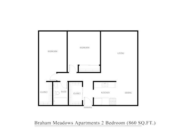 A floor plan of a 2 bedroom apartment at Braham Meadows.