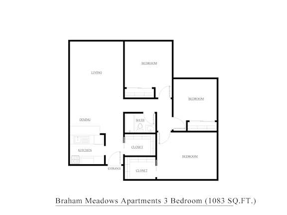 A floor plan of a 3 bedroom apartment with a living room, dining room, kitchen, and bathroom.