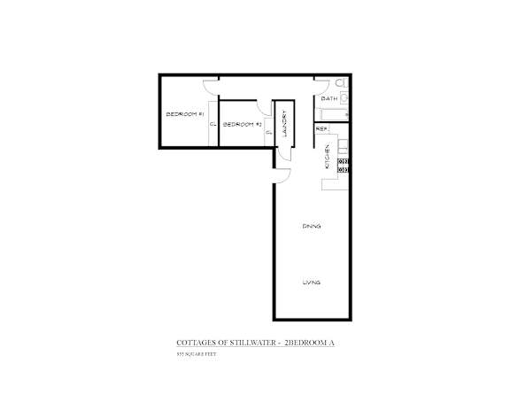 A floor plan of a 950 square feet cottage with two bedrooms and a living area.