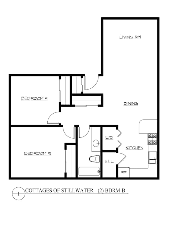 A black and white diagram of a house layout with two bedrooms, a living room, a dining area, a kitchen, and a utility space.