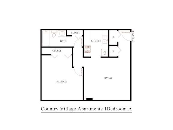 A floor plan of the Country Village Apartments 1 Bedroom A.