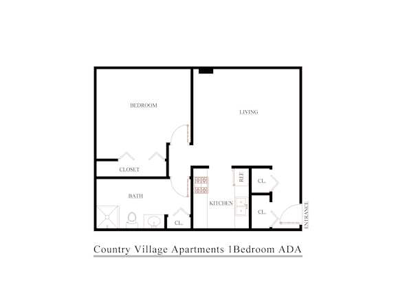 A floor plan of a 1 bedroom apartment in Country Village.