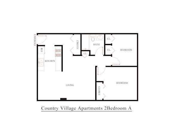 A floor plan of the Country Village Apartments 2 Bedroom A.