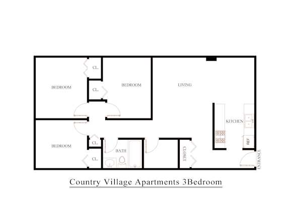 A black and white diagram of a 3 bedroom apartment layout.