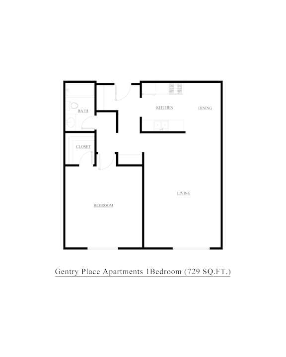 A floor plan of a one bedroom apartment at Gentry Place.