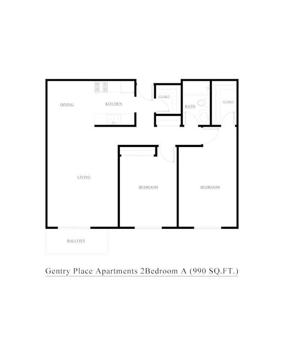A floor plan of an apartment with two bedrooms, a living room, a kitchen, a dining room, and a balcony.