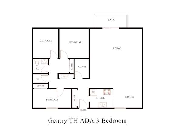 A floor plan of a 3 bedroom Gentry TH ADA compliant home.