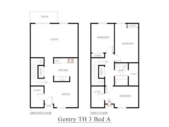 A floor plan of a 3 bedroom apartment.