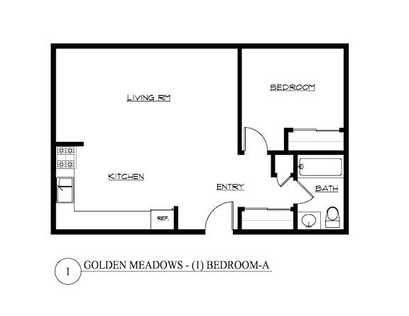 A black and white drawing of a bedroom layout.
