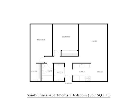 A floor plan of a 2 bedroom apartment at Sandy Pines.