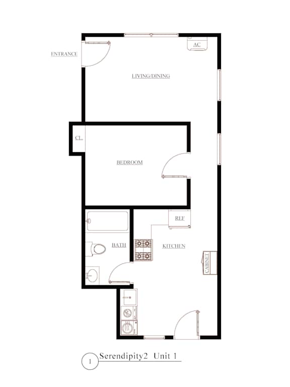 A black and white drawing of a floor plan for Serendipity 2 Unit 1.