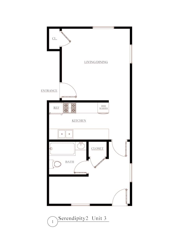 A drawing of a house layout with labeled rooms such as kitchen and bath.