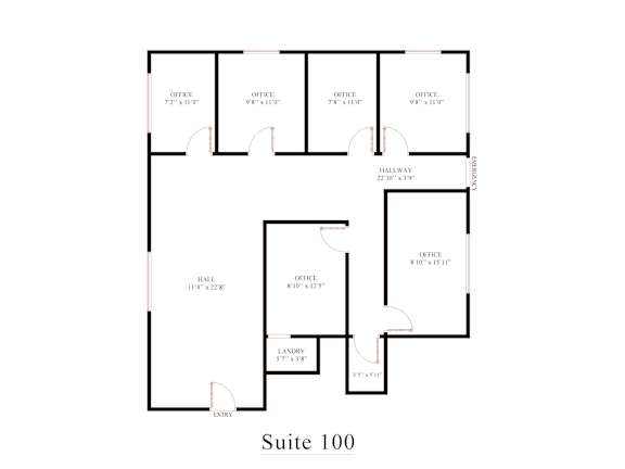 A floor plan of Suite 100 showing the layout of the rooms.