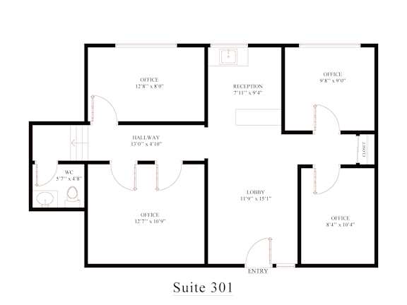 A floor plan of Suite 301 showing an office, reception, hallway, and bathroom.