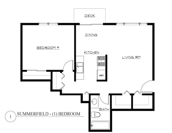 A black and white drawing of a Summerfield apartment with one bedroom.