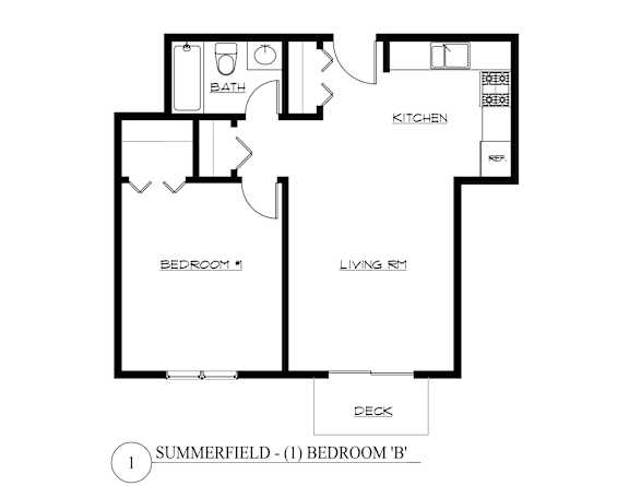 A floor plan of a Summerfield apartment with one bedroom.