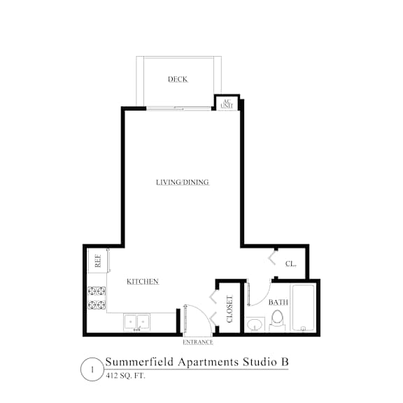 A floor plan for Summerfield Apartments Studio B, which is 412 square feet.